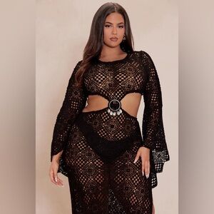 Plus Size Black Long Sleeve Crochet Cutout Dress ✨